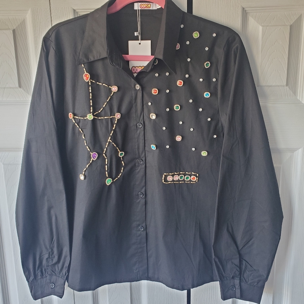 OOPS Woman's Western Cowboy Cowgirl Embellished Black Button-Up Shirt Sz L NWT